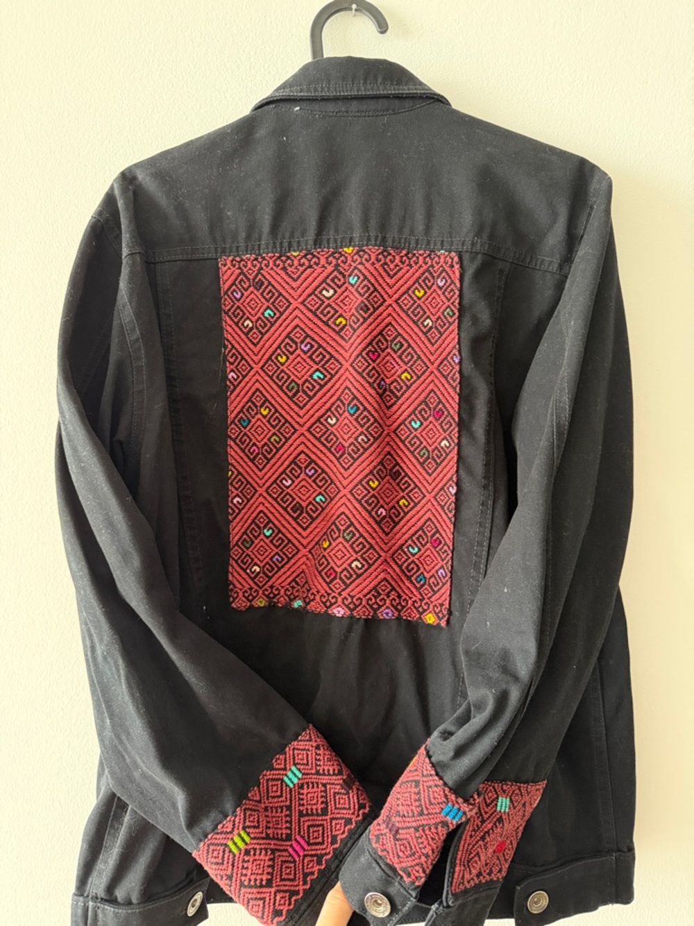 Black Oversized Jean Jacket with Authentic Mexican Embroidery